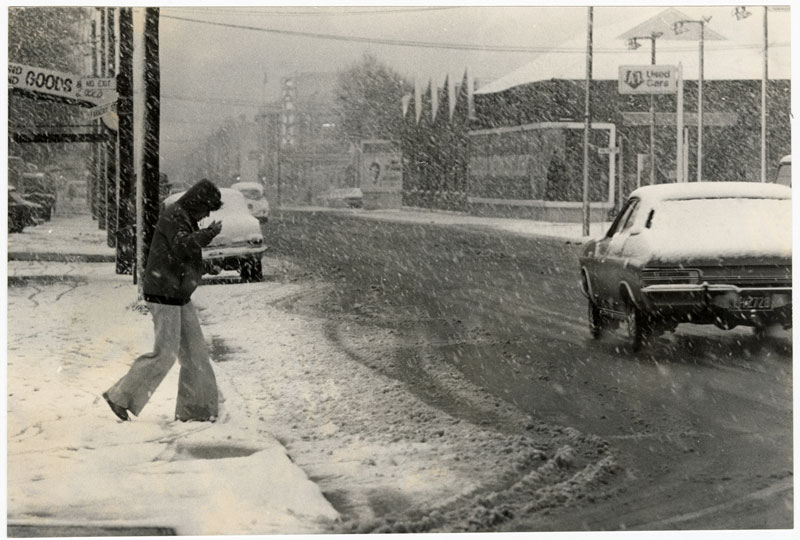 Snow on Colombo St, Sydenham, in the 1970s.