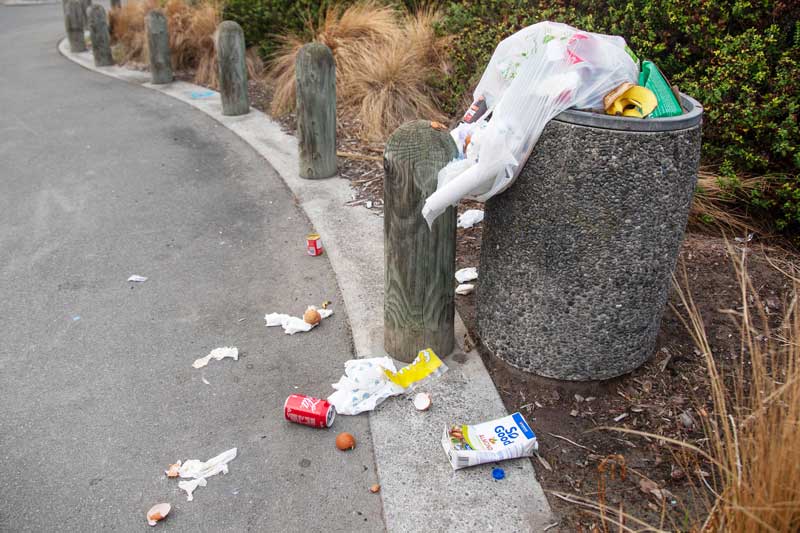 Rubbish bin overflowing with household rubbish near the Waimairi beach surf club, New Brighton.