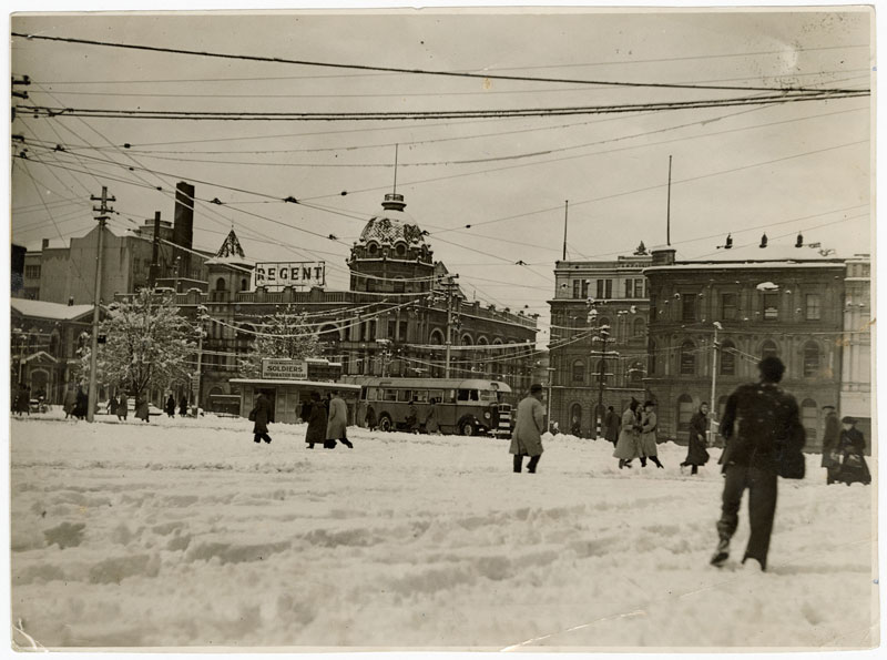 Snow in Cathedral Square in July, 1945.