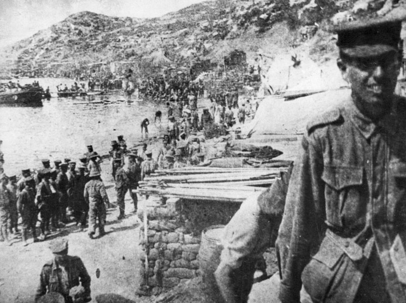 WWI Gallipoli. Landing place, supply dump and dispersal point for wounded at Anzac Cove, 1915.