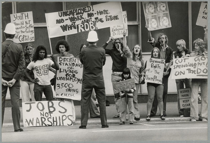 Protesters on Kilmore St in 1978 near the Christchurch Town Hall following a march from Cathedral...