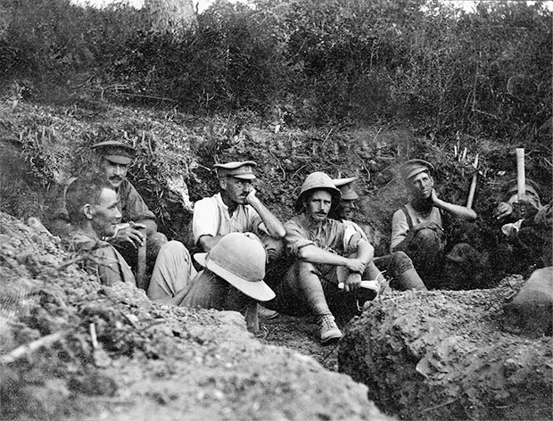 WWI Gallipoli - Officers and soldiers of the Wellington Mounted Rifles occupy a captured Ottoman...