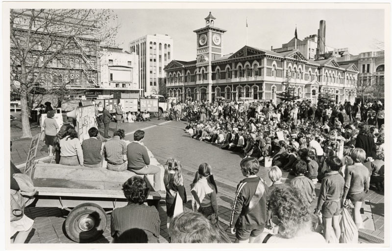 Children in Cathedral Square in 1982 for a presentation on ecology led by Mayor Sir Hamish Hay.