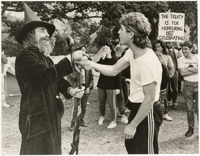 The Wizard with a Waitangi Day protester in 1989.