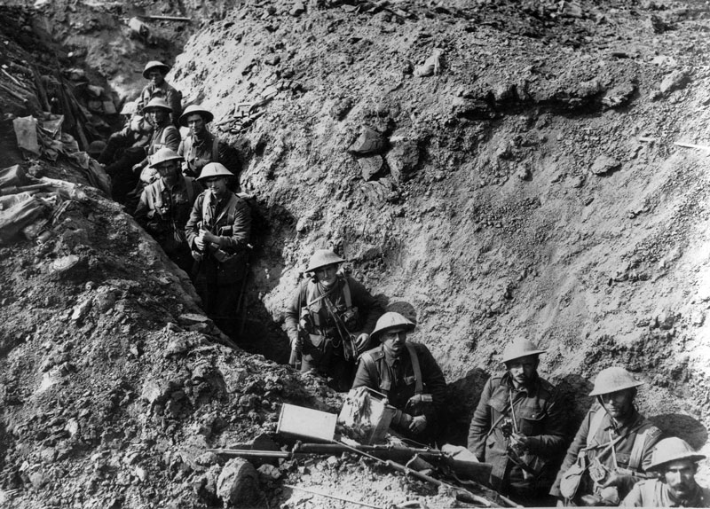 WWI. New Zealand soldiers in Switch Trench, previously occupied by the Germans during the Battle...