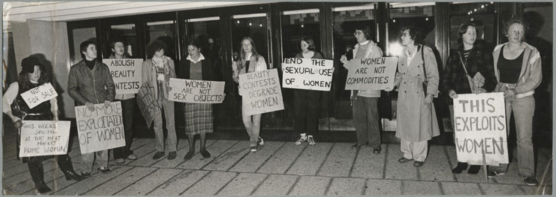 A group of protesters outside Christchurch Town Hall protesting against the 1981 Miss Universe...