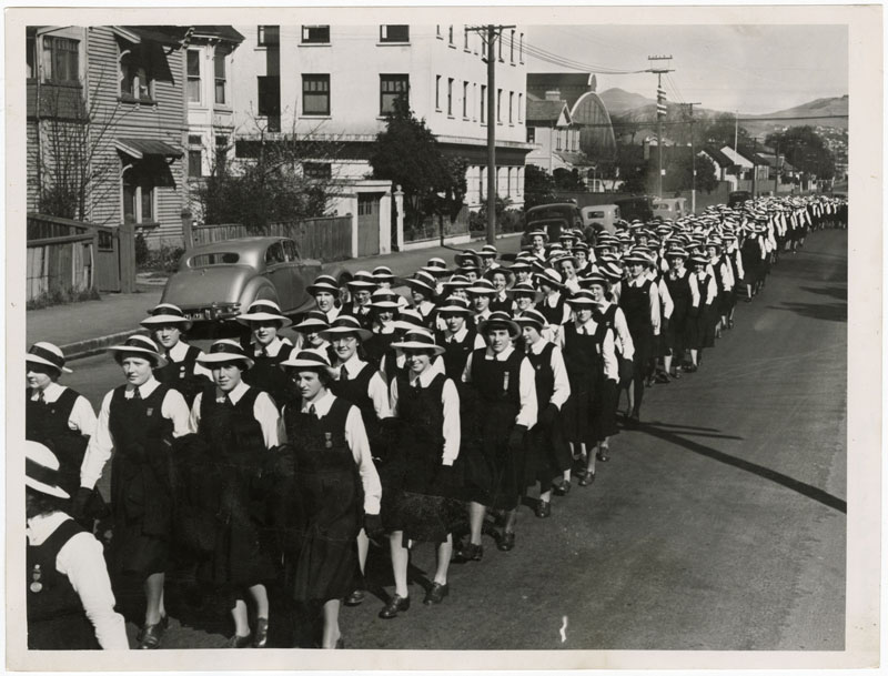 Day students in a Christchurch Girls' High School parade on Montreal St in 1952 during the school...