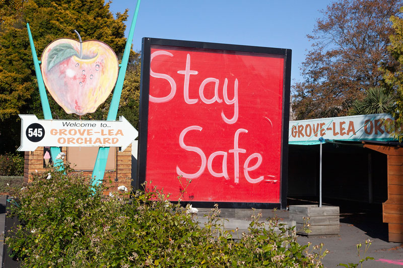 Stay Safe sign outside Grove-Lea orchard on Main North Rd, Northwood.