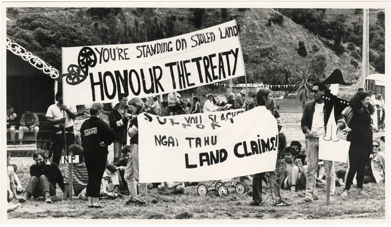 Waitangi Day protesters at Banks Peninsula in 1988.