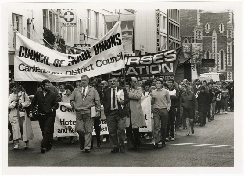 Council of Trade Unions president, Ken Douglas, leads a march of Canterbury union delegates along...