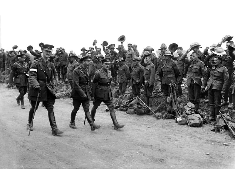 WWI. General Alexander Godley (left front holding cane) with King George V, inspecting the New...