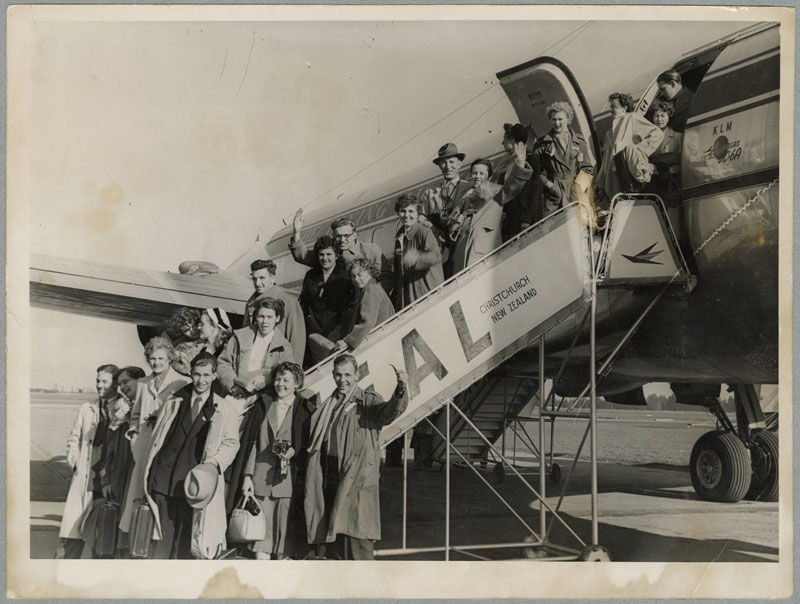 Dutch migrants arriving at Harewood Airport in 1953 aboard a KLM Royal Dutch Airlines flight...