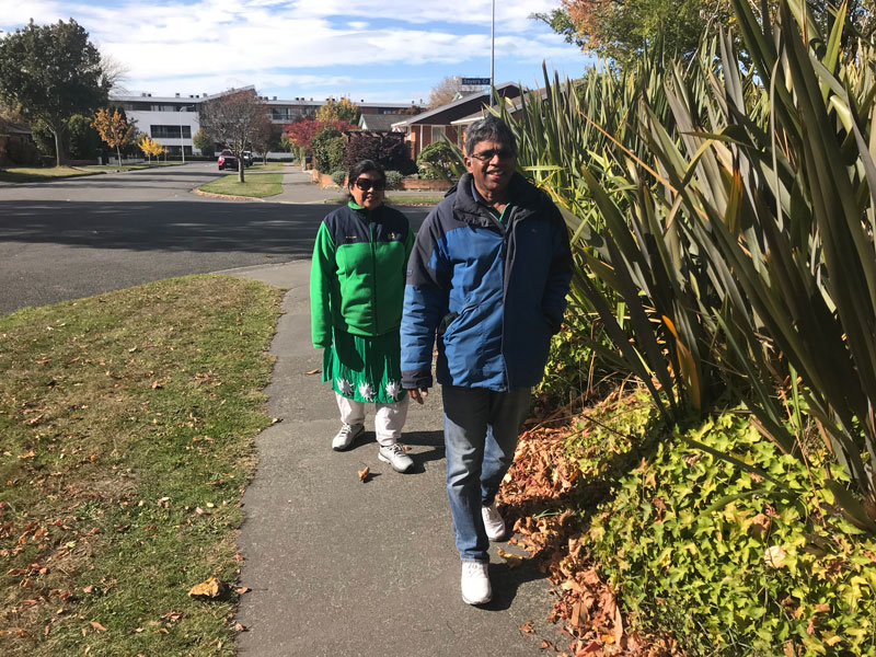 Venkat and Vani Pulakanam rugged up and out for a walk on Sayers Crescent, Ilam.