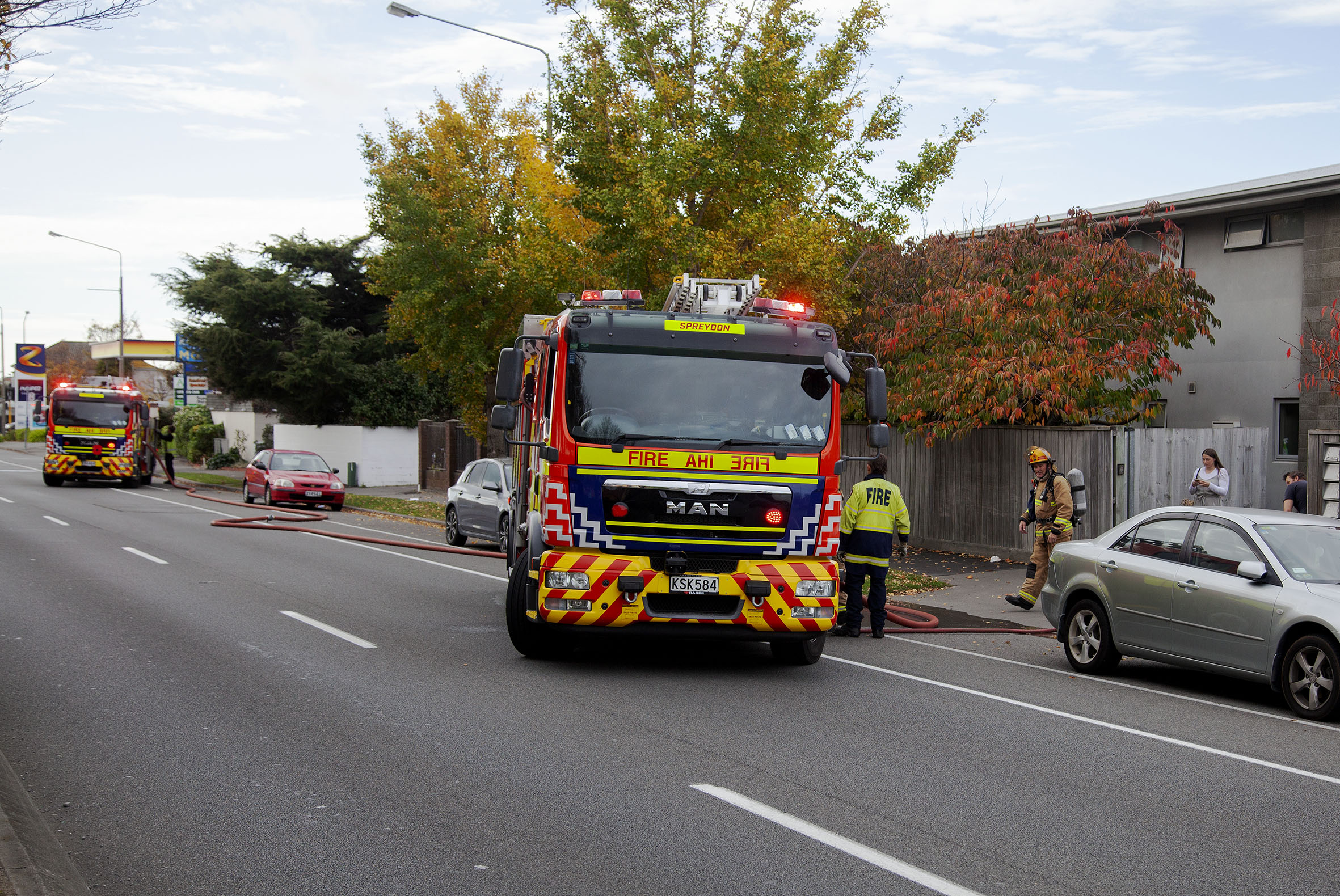 Fire engines at the scene of a residential gas main leak on Lincoln Rd. Photo: Geoff Sloan