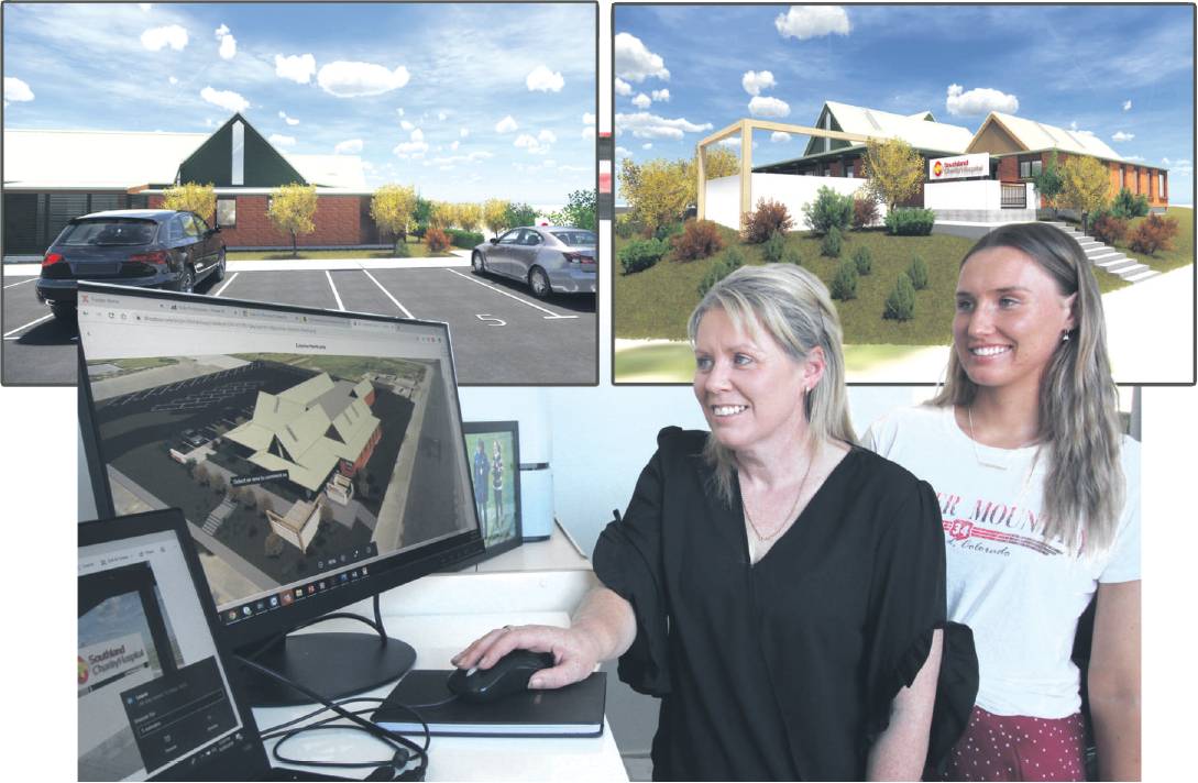 Melissa (left) and Della-May Vining look over concept plans for the Southland Charity Hospital....