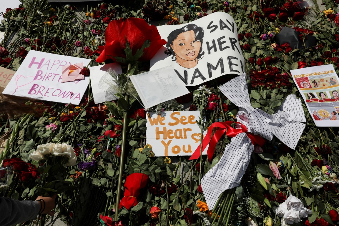 Tributes to Breonna Taylor are seen during a protest against racial inequality in in Los Angeles....