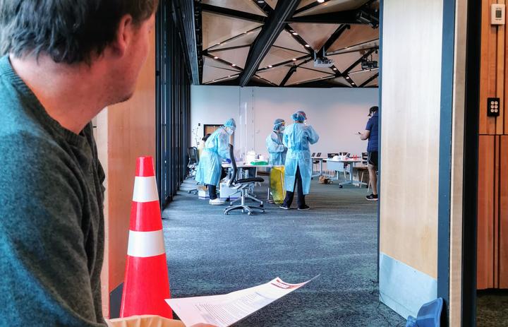 The testing area for Covid-19 at Novotel Auckland Airport hotel. Photo: Supplied/Alexa Cook