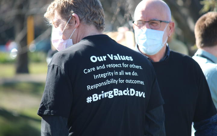 Protesters gather outside of the Canterbury Health Board corporate office on 20 August. Photo:...