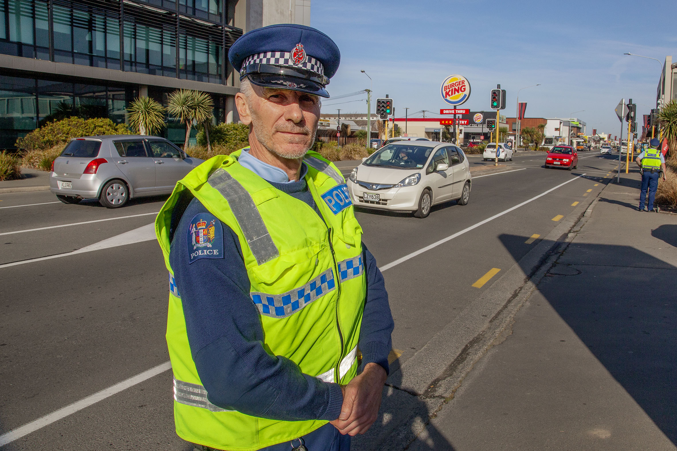 Senior Constable Clay Penrose checking up on motorists' seatbelt and cellphone use on Lincoln Rd....