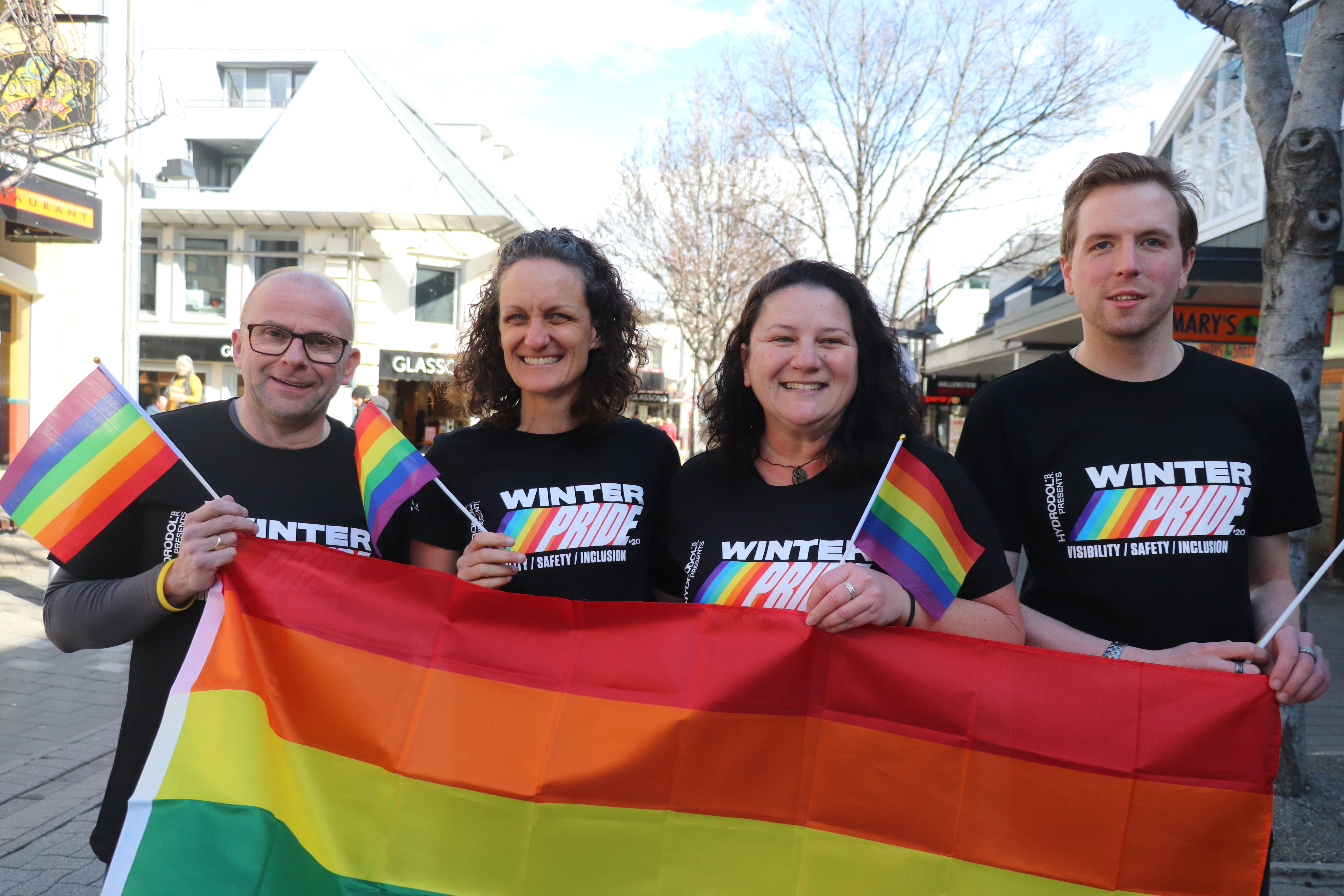 Winter Pride 2020 volunteers (from left) David Dewhurst, Mary Horan, Mini Watson and Aaron...