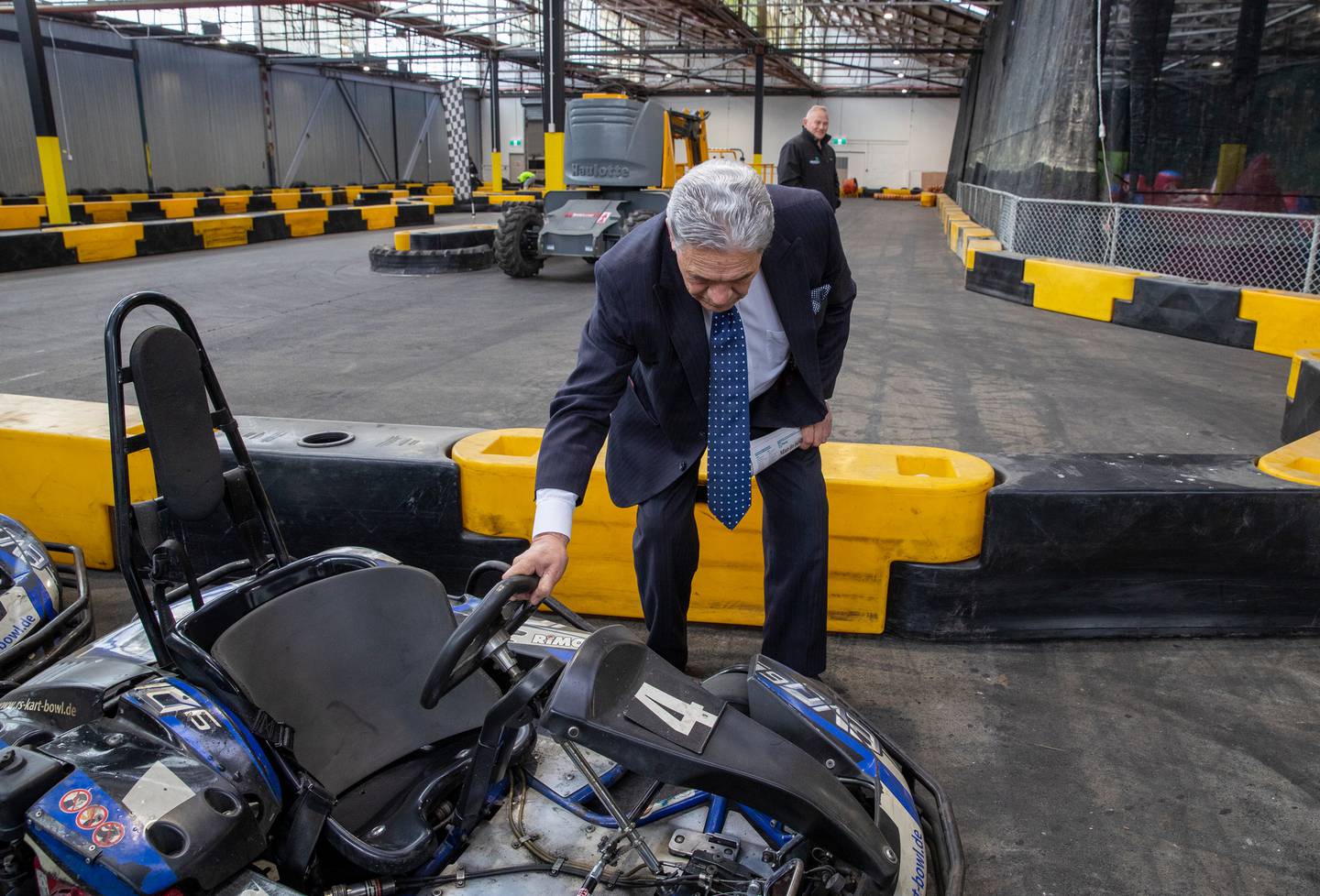 NZ First Winston Peters checking out go-karts in the Daytona Raceway during his visit to Brewtown...