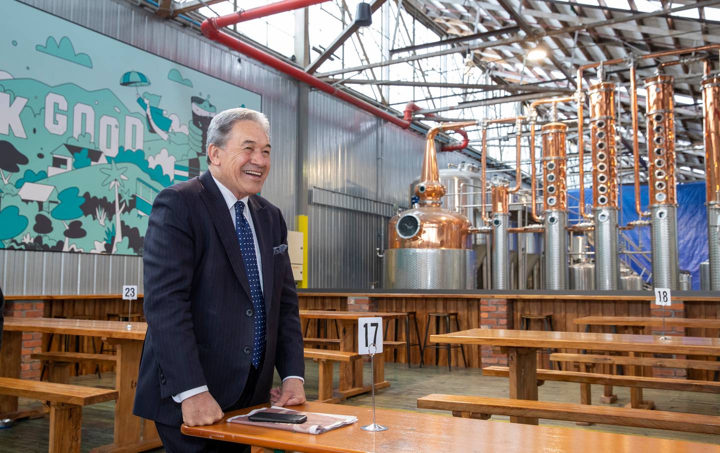 NZ First Winston Peters in the Wild Kiwi Distillery during his visit to Brewtown in Upper Hutt....