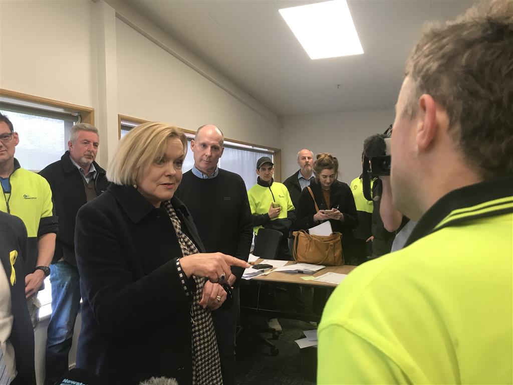 Judith Collins talks to staff at O'Brien Group in Mosgiel. Photo: Daisy Hudson