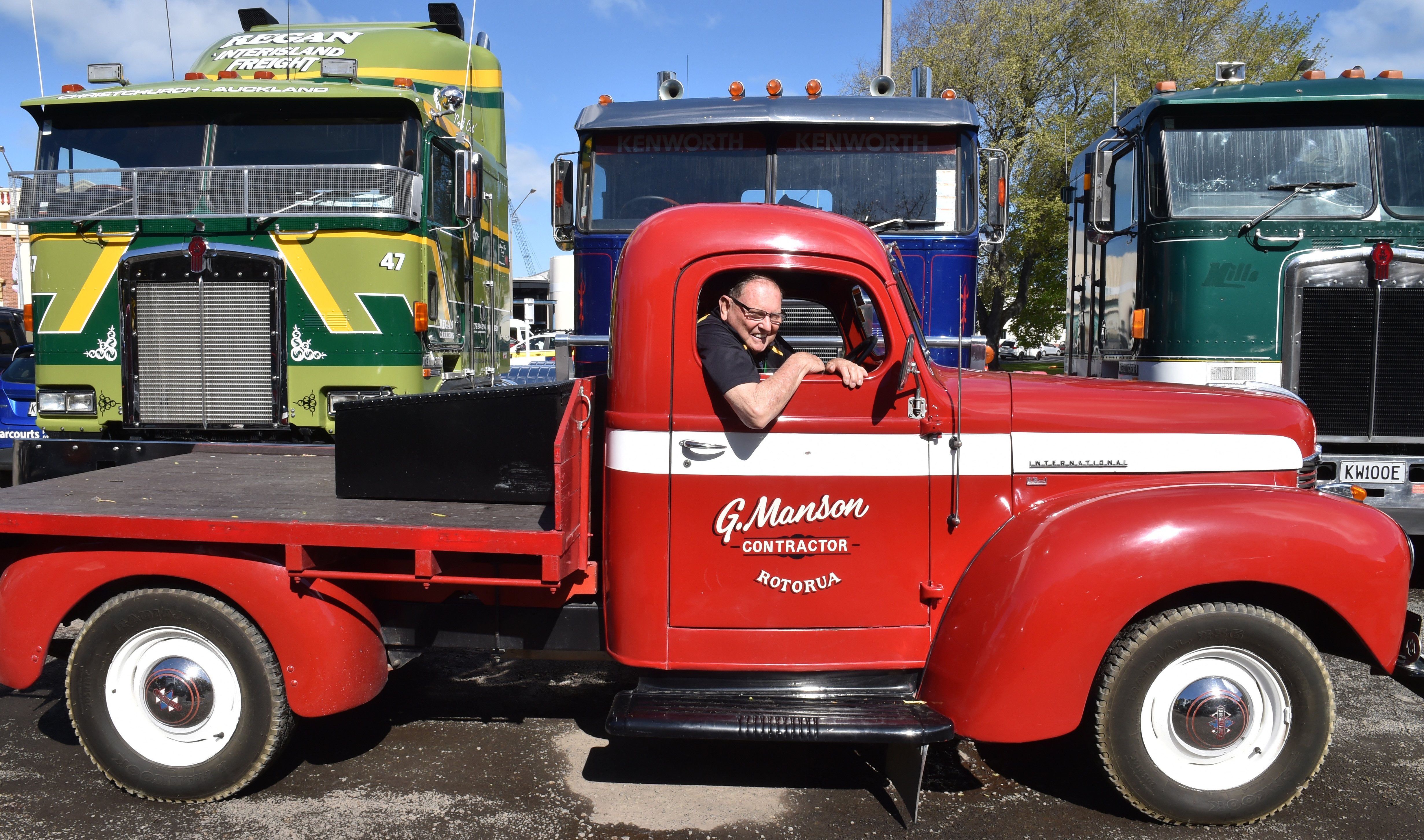 Graham Mason, of Rotorua, in his 1947 International KB-1 flatbed truck, which he is driving...