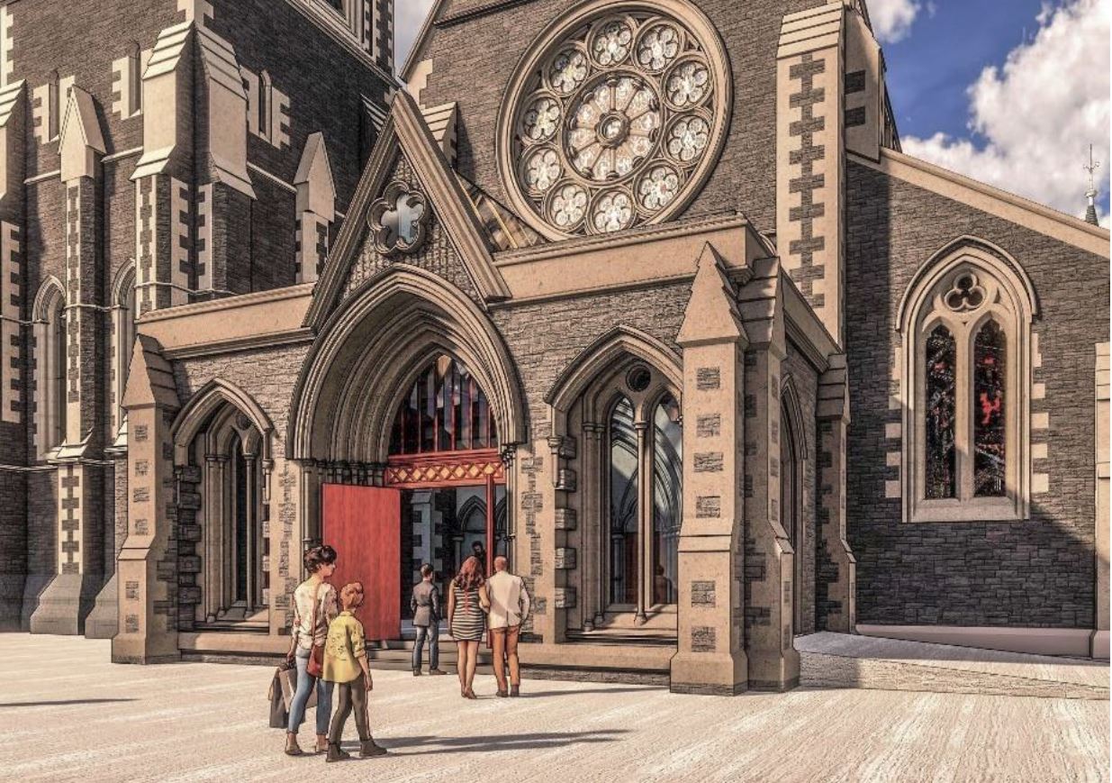 This is what the western porch (left) of the Cathedral will look like and what the south vestry ...