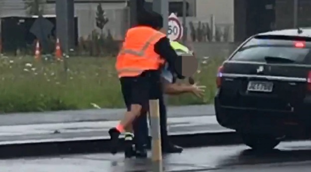 The man scuffles with the police officer after being pulled over in Flat Bush. Photo: Supplied...