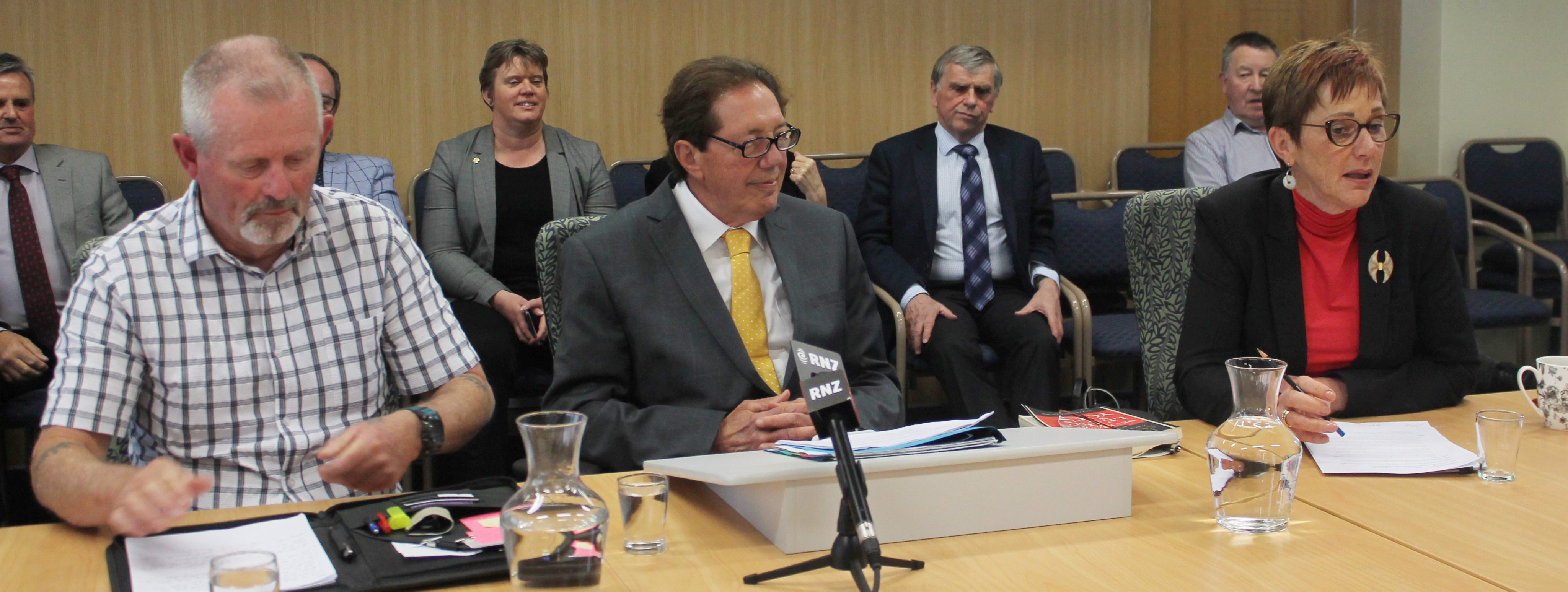 Invercargill deputy mayor Nobby Clark (left), Mayor Sir Tim Shadbolt and chief executive Clare...