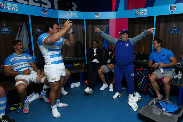 Diego Maradona celebrates with Argentina after a 2015 Rugby World Cup pool match. Photo: Getty...