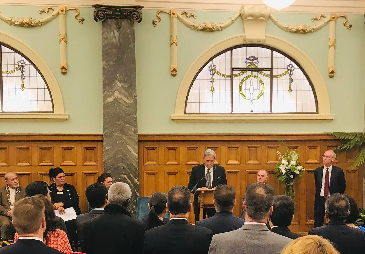 Former Deputy PM Winston Peters delivering a speech in Parliament at a farewell reception tonight...