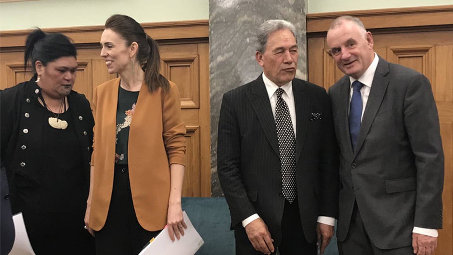 New Foreign Minister Nanaia Mahuta, PM Jacinda Ardern, Winston Peters and Speaker Trevor Mallard...