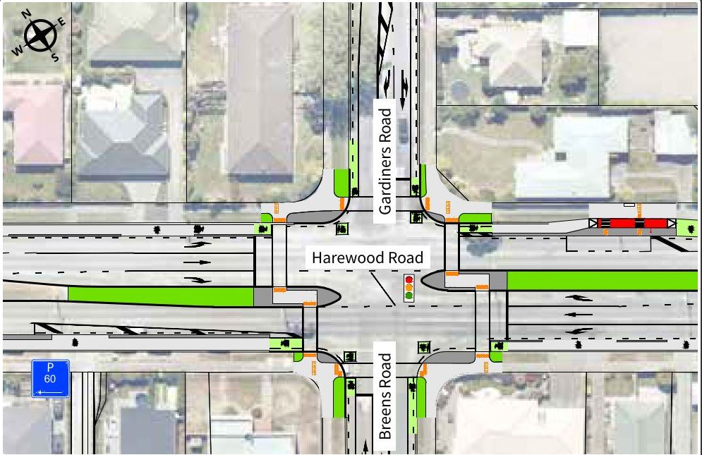 The Harewood, Gardiners, Breens Rds intersection changes. Image: Newsline / CCC 