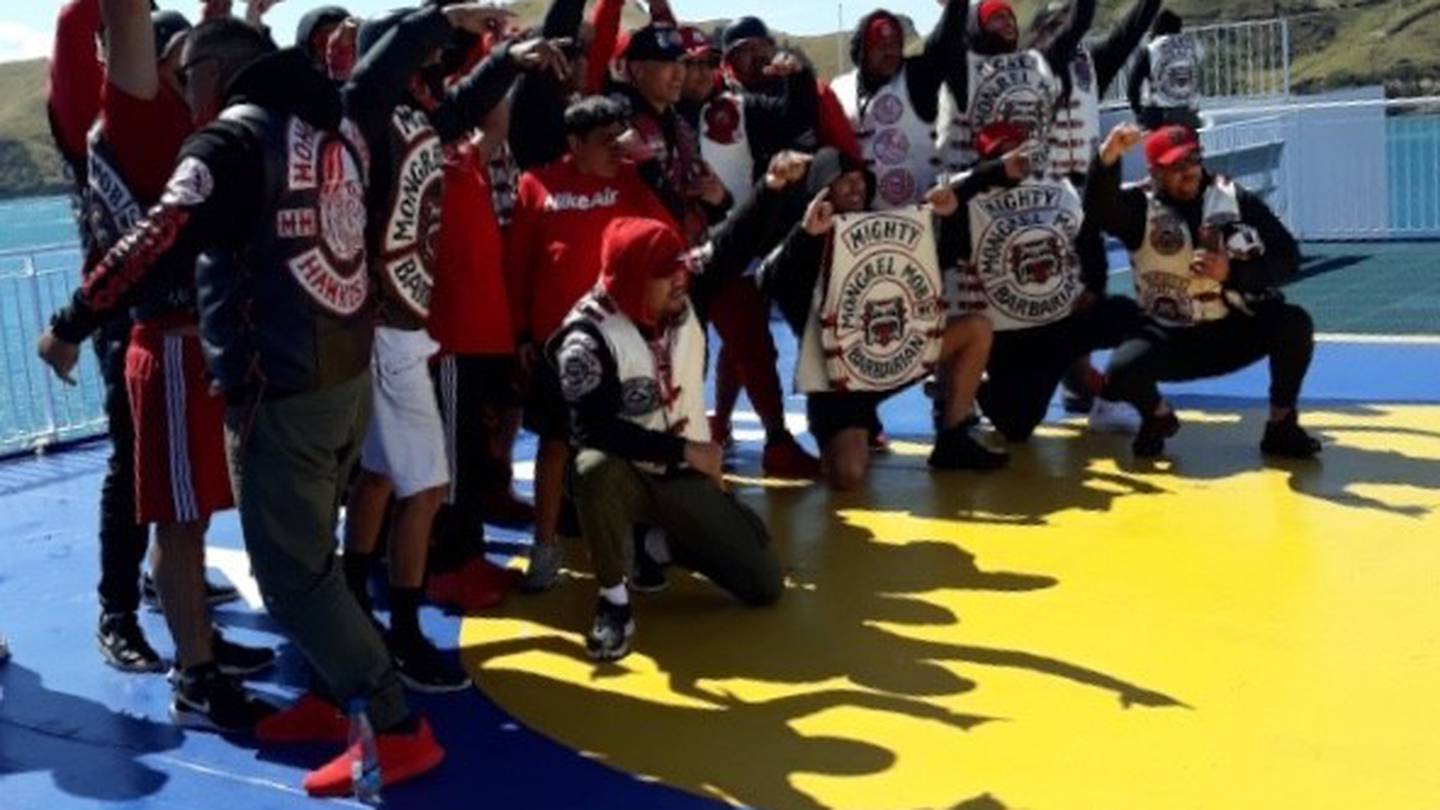 Mongrel Mob gang members posed for photos on the Cook Strait ferry as they headed south to...