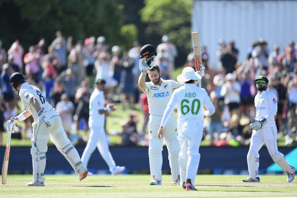 Kane Williamson celebrates after reaching his century. Photo: Getty 
