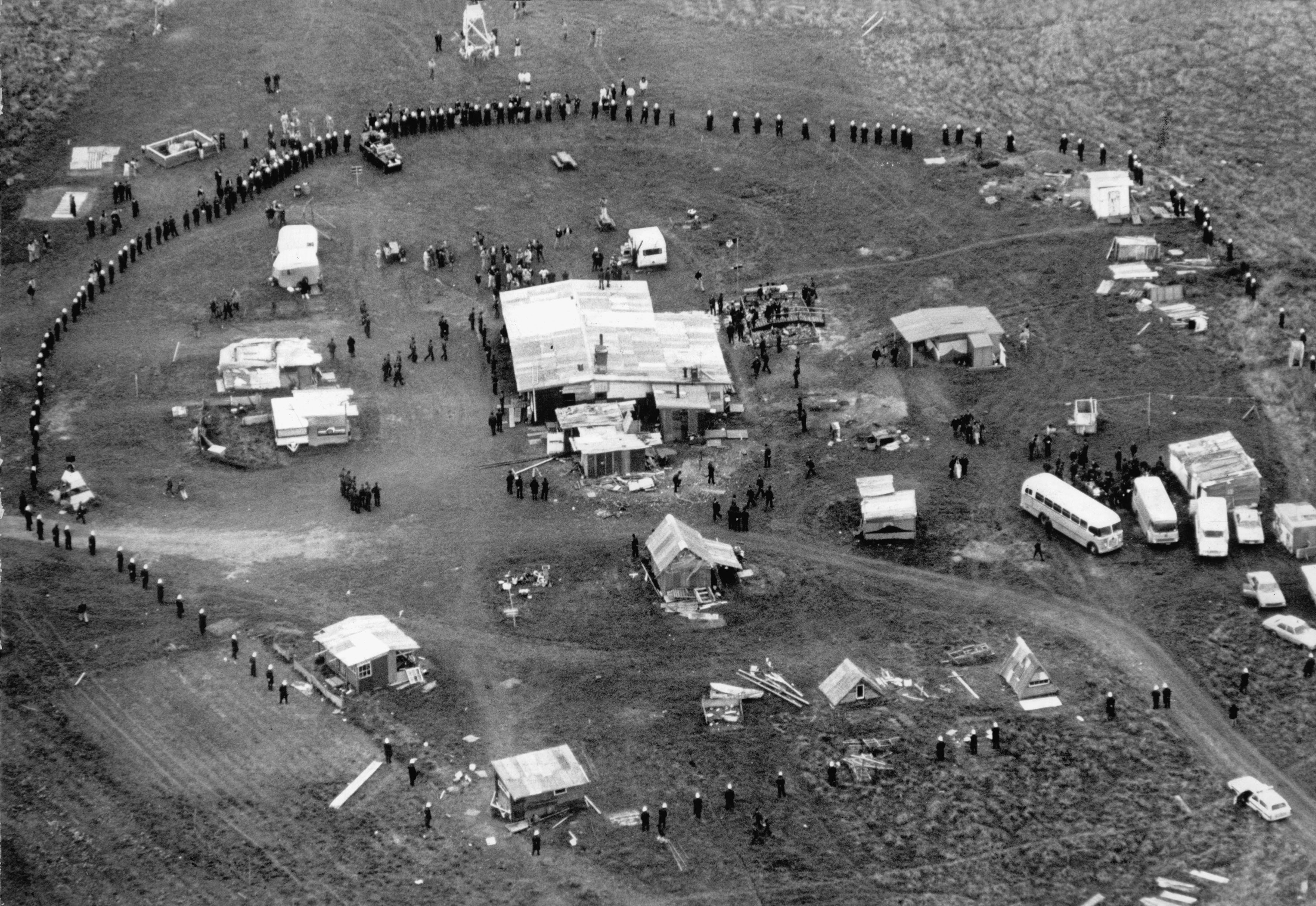 Police surround the protest occupation at Takaparawha (Bastion Point), Auckland, in 1978....