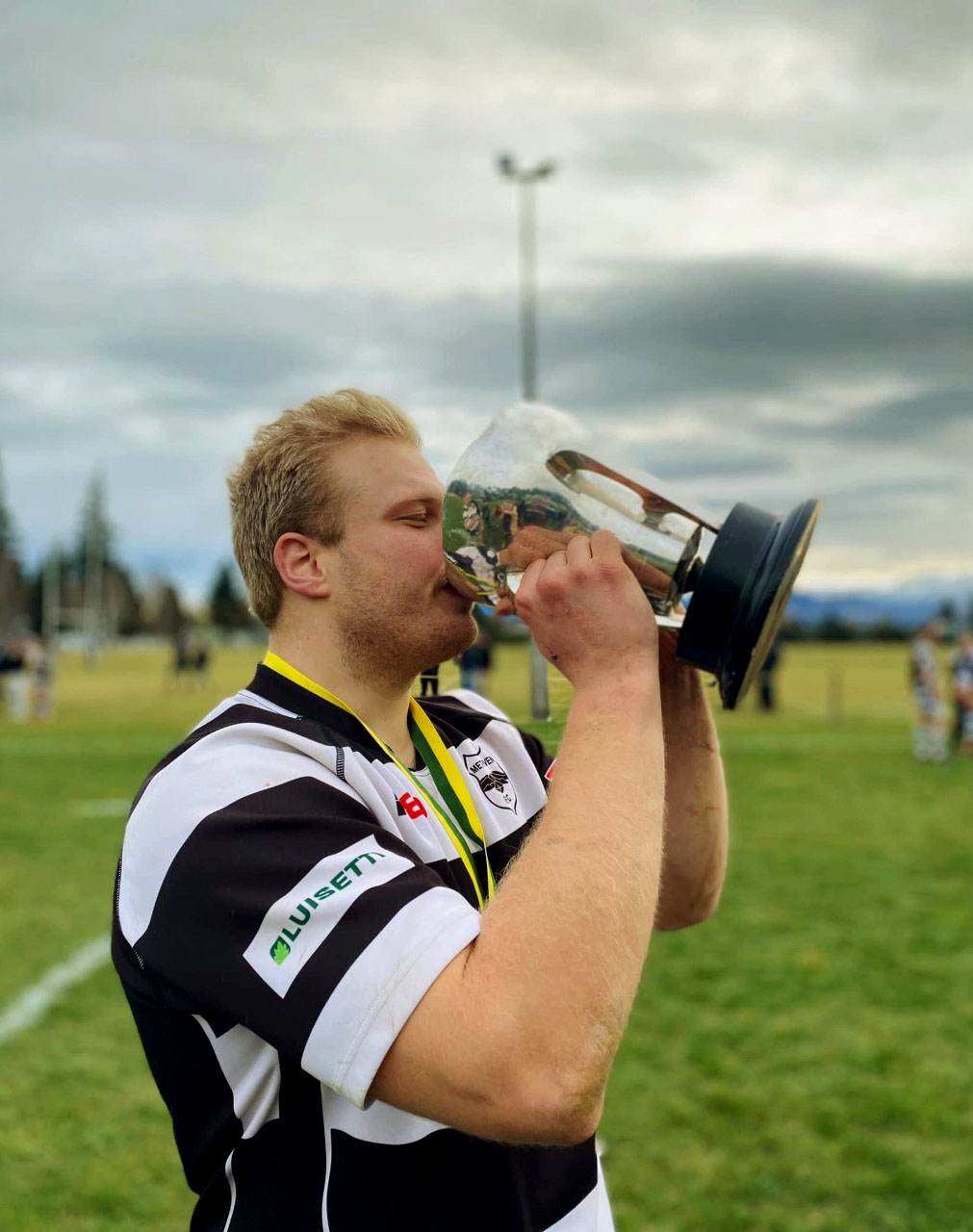 Finnish international prop Kalle Valimaki celebrated winning the Watters Cup with Methven before...