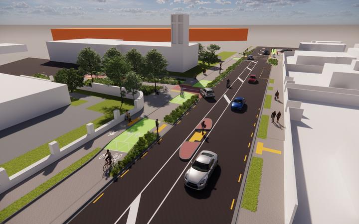 An artist's impression of the proposed cycleway that would reduce the four lanes of a busy...