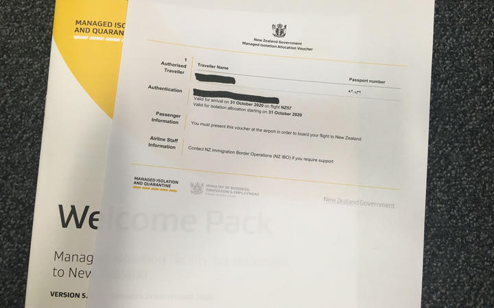 A managed isolation and quarantine booking voucher. Photo: Supplied