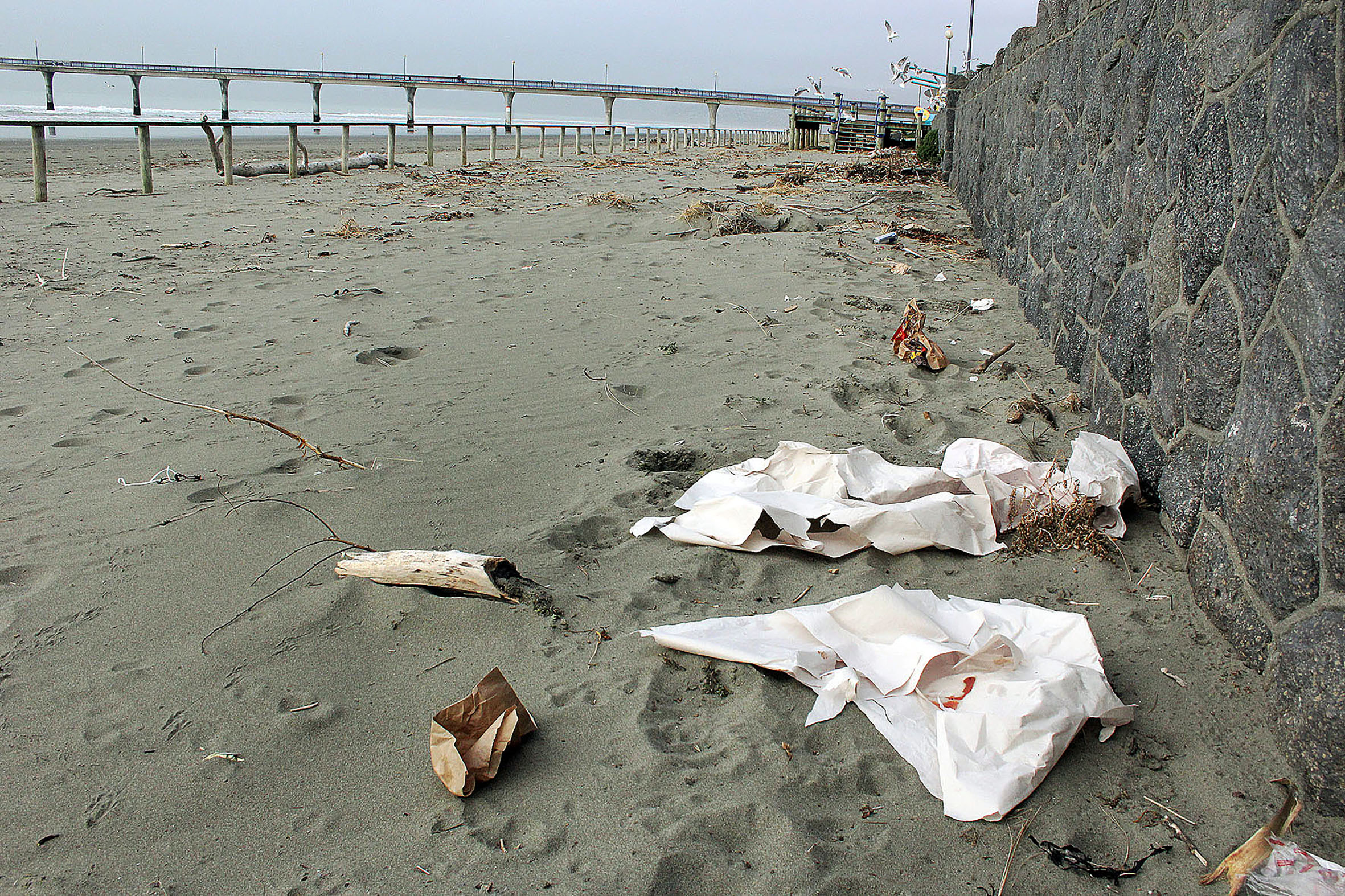 Rubbish on New Brighton beach. Photo: Geoff Sloan