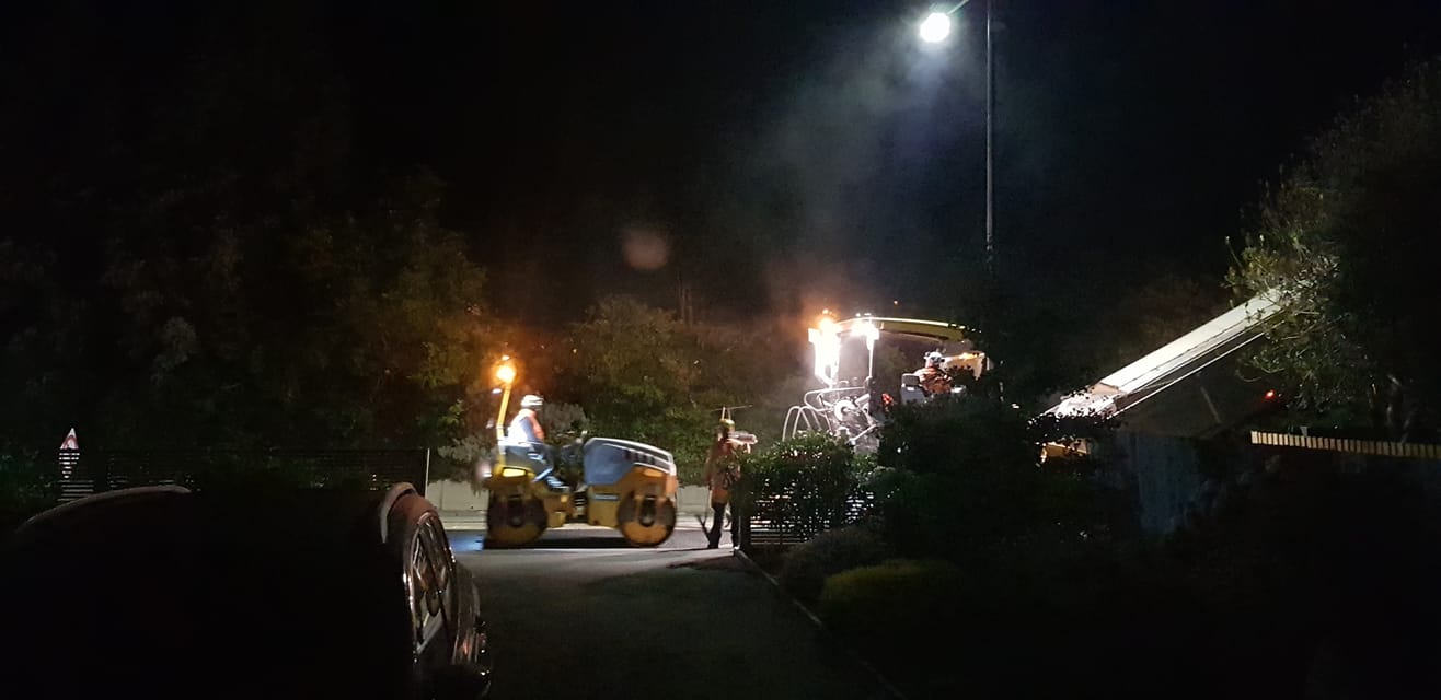 Port Hills Rd has been resurfaced at night during the past week. Photo: Judy Stack