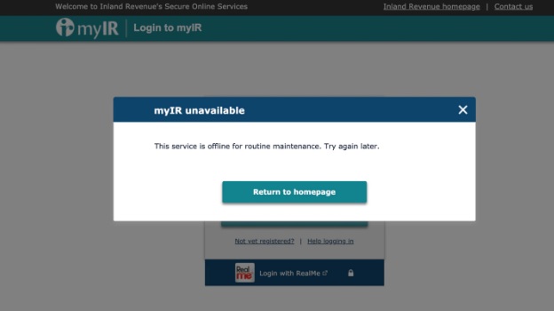 Inland Revenue's website is out of action until Monday. Photo / Screenshot