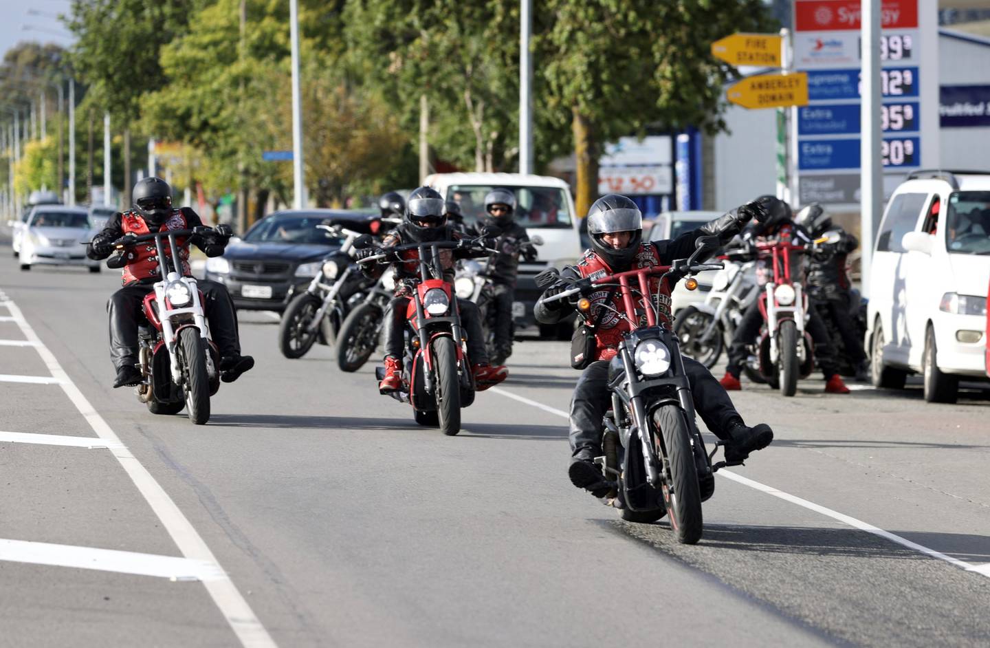 The gang members roared through the quiet North Canterbury town of Amberley on Friday. Photo: George Heard via NZ Herald