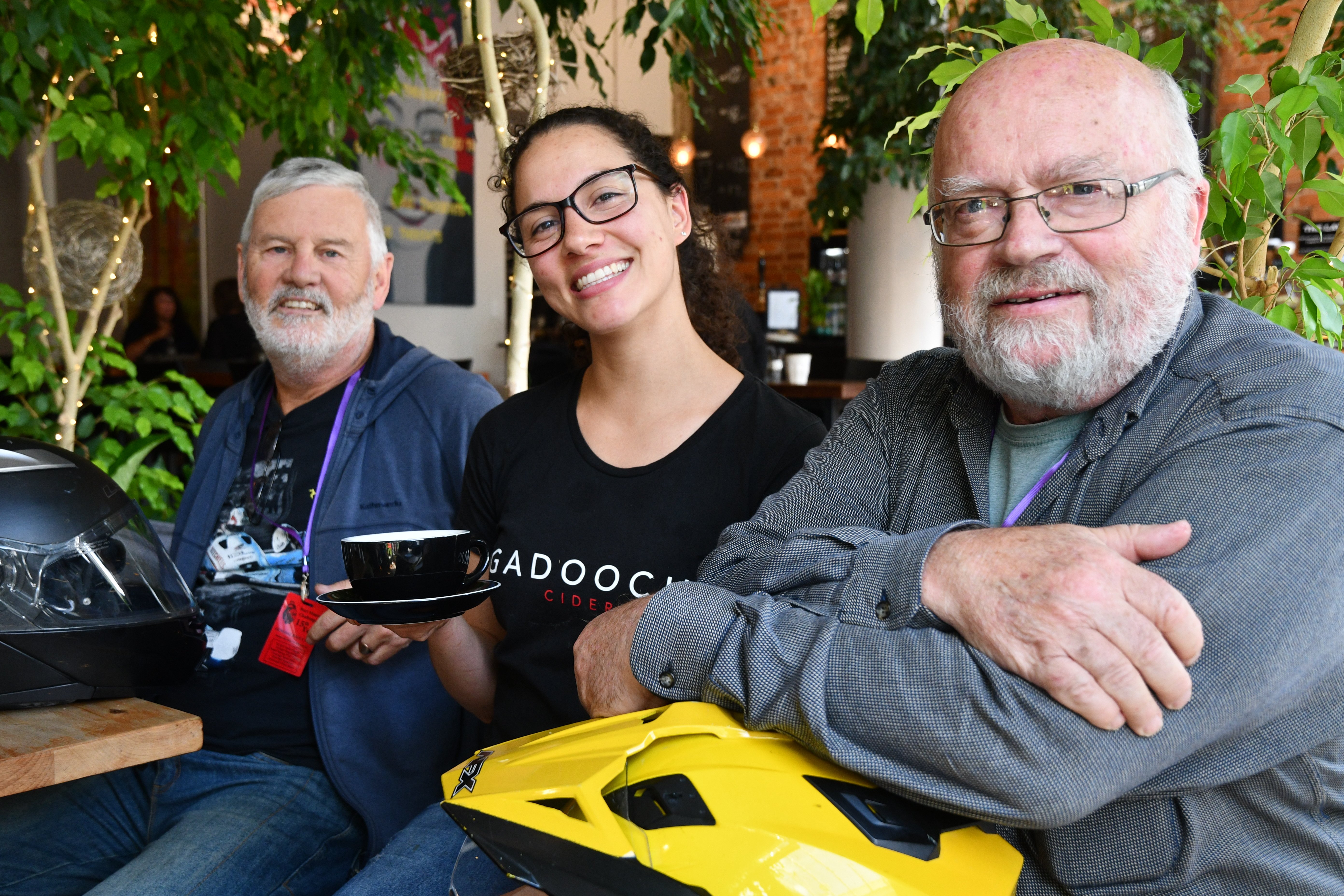 Tuatara Lodge patrons Steve Lockwood (left) and Graeme Nealie with barista Diana Lima yesterday....