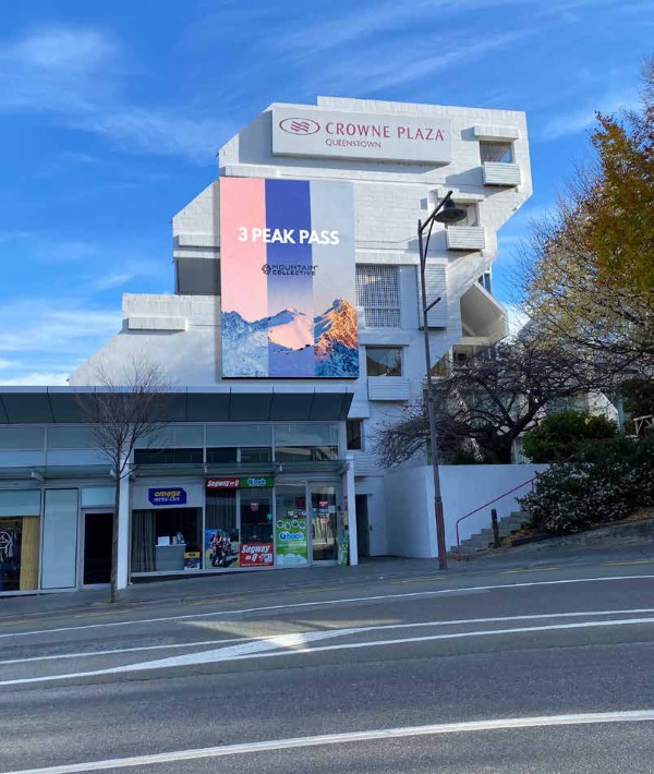 An image of a proposed digital billboard on Queenstown's Crowne Plaza. Mountain Scene