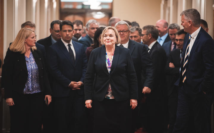 Judith Collins leads the National caucus to a media conference last week. Photo: RNZ 