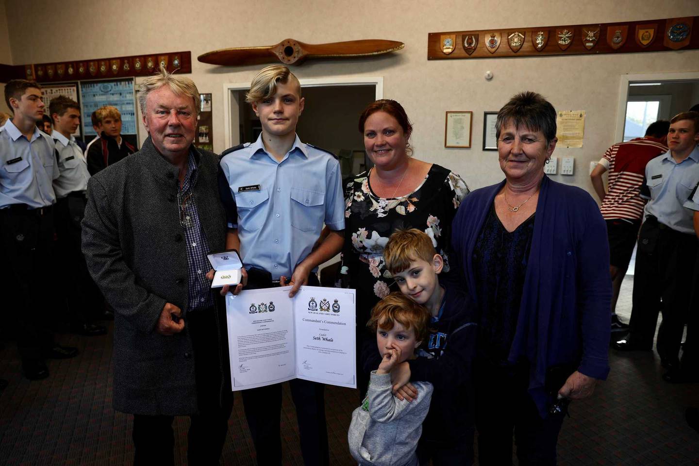 Seth Whale and his family at the commendation ceremony on Tuesday night. Photo: George Heard