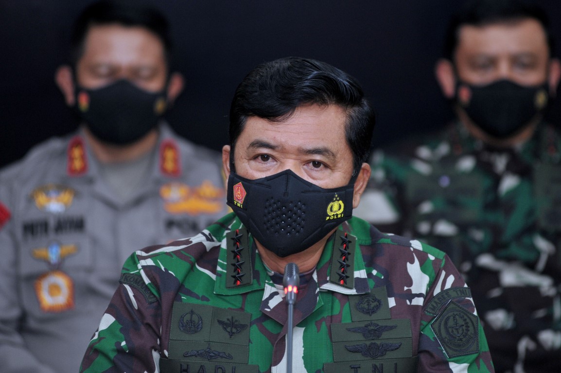 Indonesian military chief Hadi Tjahjanto speaks during a news conference about the search...